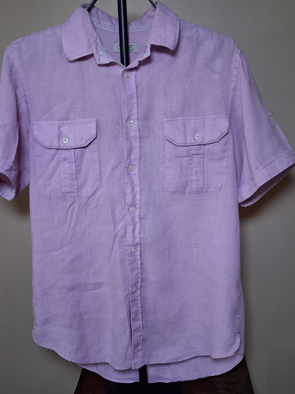 Zara Man Sport Classic Lavender Short Sleeve Button Up Linen Top; Size M